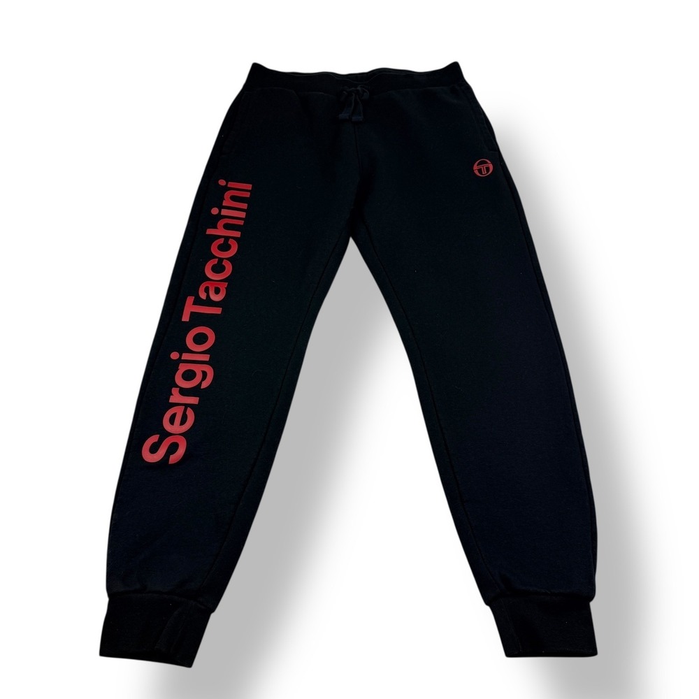 Sergio Tacchini Black Jogger Sweatpants Mens Size L Red Logo Print‎ Athleisure